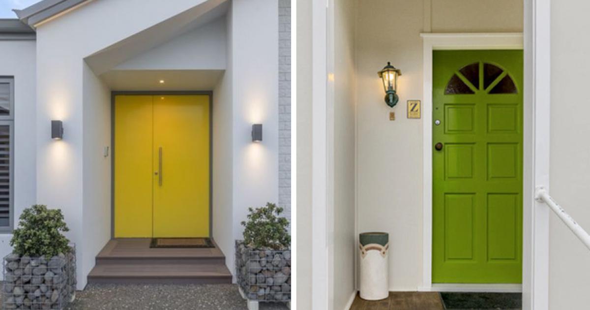 Yellow front door neighbouring green front door
